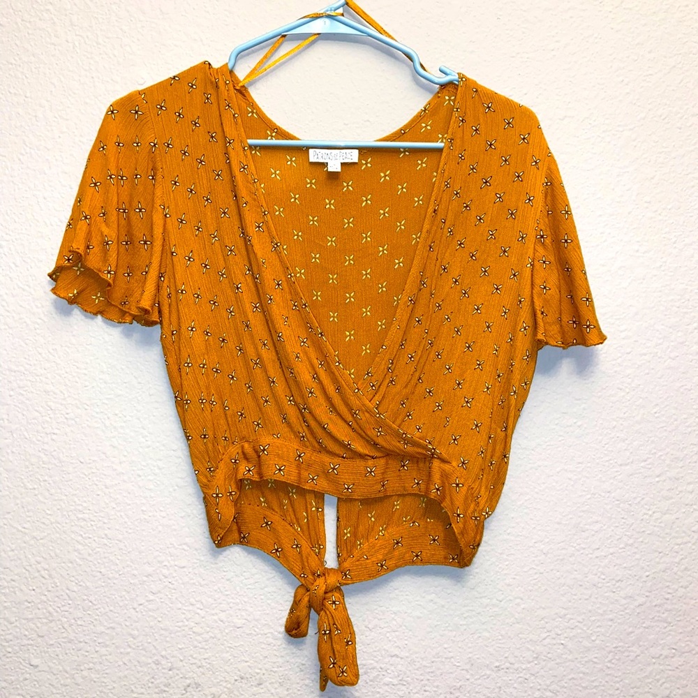 Patrons of peace golden  yellow floral croped shirt